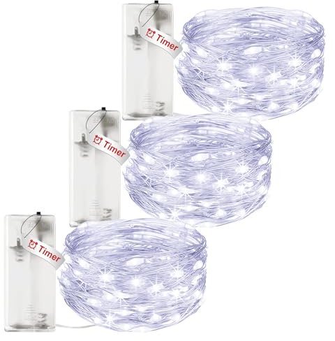 litogo 3 Stück LED Lichterkette Batterie mit Timer, 3M 30 LED Kupferdraht Lichterkette Innen AA Batterie Betrieb, Lichterketten für Weihnachten Schlafzimmer Fenster Party Balkon Deko, Kaltes Weiß