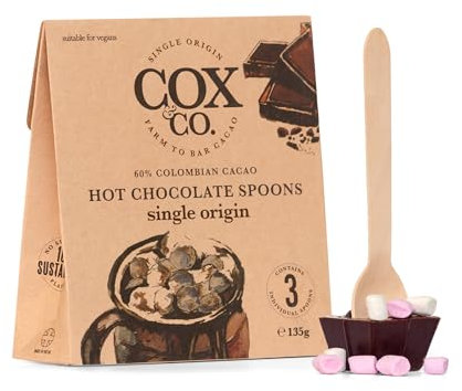 Cox&Co. Hot Chocolate Spoons | 3 x 60% premium Colombian Single Origin Dark Chocolates | 3 x 45g Hot Chocolate sticks with vegan marshmallows | Vegan Friendly