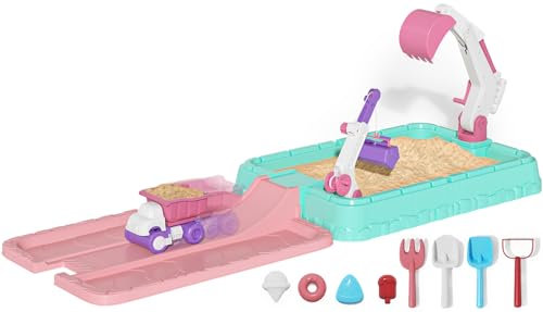 Sandbox Sand Pit with Lid, Kids Construction Sand Box with Excavator, Crane, Outdoor Activity Sensory Play 8PCS Beach Accessories Toys, Toddler Outdoor Indoor SandPit Toys for Girls Ages 3+ (Pink)