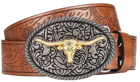 Faletony Herren Western-Cowboy-Gürtel Western-Lederschnallengürtel mit-Longhorn-Bull-Floral-Graved-Gürtelschnalle Gürtel Männer Bull Buckle Belt Herren Damen für Jeans, Hosen, Kleider