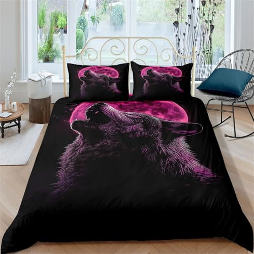 AYMAING Wolf Bettwäsche Set,Lila Mondschein Wolf Bettbezug 135x200 cm, Mikrofaser, 2-teilig mit Kissenbezug 80x80 cm, Weich Atmungsaktiv, für Jungen, Mädchen, Teenager, Schlaf und Spielzimmer Dekor