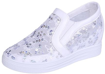 Women's Platform Sneakers Slip on Wedge Shoes Lace Sequins Mesh Loafers Flower Embroidered Walking Shoes Comfortable Lightweight Wedges White