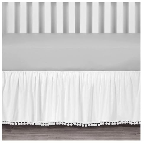 WJIAYAO Jupe De Berceau Jupe de Berceau avec Pompons – Literie for Tout-Petits for garçons et Filles, élastique sur 4 côtés – 35,6 cm de Hauteur(White,70x 140 x 36 cm)