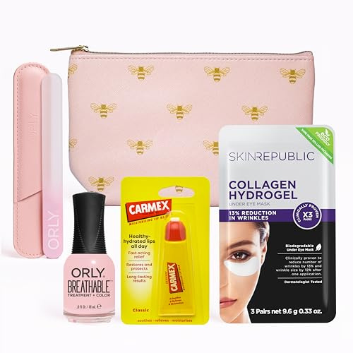 Carmex Lip Balm, Skin Republic Collagen Hydrogel Under Eye Masks & ORLY Breathable Nail Polish Set with Cosmetic Pouch & Crystal Nail File | Complete Beauty Gift Set