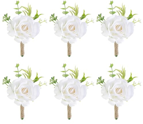 Quilax 6 Pcs Wedding Boutonniere for Men and Women, White Rose Boutonnieres for Wedding Ceremony, Prom, Anniversary, Formal Events