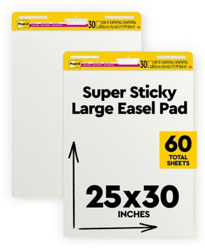 Post-it, Lavagna Cancellabile Post-it Super Sticky, 2 Blocchi da 15 Fogli Rimovibili, Blocco da Parete e Treppiedi, Bianco, 635 X 762 Mm