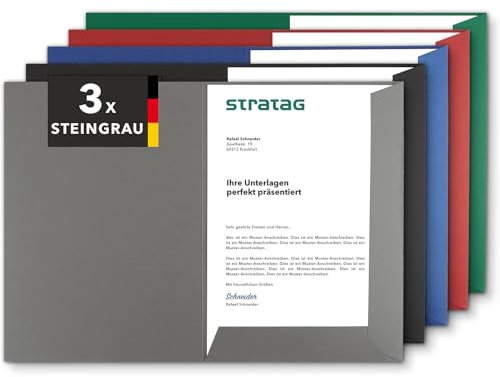 Präsentationsmappe A4 in Steingrau (3 Stück) - sehr stabiler 350 g/m² Naturkarton - direkt vom Hersteller STRATAG - vielseitig einsetzbar für Ihre Angebote, Exposés, Projekte oder Geschäftsberichte