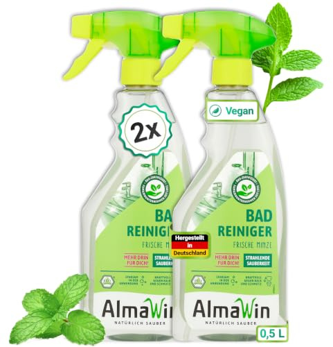 AlmaWin® Bad Reiniger 2er Pack [2x 500ml] für strahlende Sauberkeit, Badreiniger Spray mit Pfefferminz-Duft, Badezimmer Reiniger - Effektiv gegen Kalk & Schmutz, Badreiniger Extra Stark, Bio & Vegan