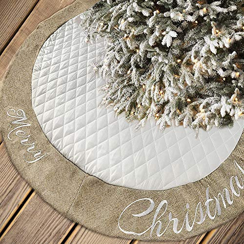 AISENO - Copri Base per Albero di Natale, in Cotone Trapuntato, con Decorazione in Iuta, 122 cm, Colore: Bianco