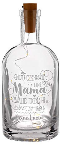 Herz & Heim® dekoratives Muttertagsgeschenk - Flasche mit Gravur inkl. LED Flaschenlicht - Glück ist eine Mama wie dich zu haben