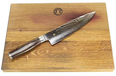 Palatina Werkstatt ® Kai Shun Premier Tim Mälzer Angebotsset,TDM-1706 Kochmesser aus Damaststahl, 20 cm Klinge + XXL Schneidebrett 40x30cm handgefertigt aus altem Fassholz