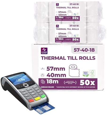 Rouleau tpe 57mm x 18m x 12mm – Rouleaux pour terminal carte bancaire – Bobine papier thermique 57x40x12 - sans BPA (50 Bobines)