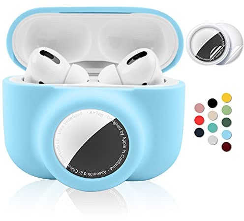 2 in 1 Protective Case for Apple AirPods Pro Air Tag Holder Combo, Soft Silicone Airpods Pro AirTag Case with 2 PCS Screen Protector, Anti-Scratch Anti-Fall Anti-Lost (Blue)