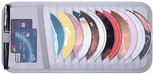 wisdompro Car CD Case Holder, Vehicle Sun Visor Organizer Disc Wallet for Cars with 12 DVD Storage Sleeves, 1 Mesh Pocket, 1 Pen Holder and Elastic Strap (Gray)