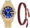 SENRUD Damen Herren Hip Hop Armbanduhr Unisex Kristall Strass Uhr Iced Out Uhr, Goldfarben/Blau, modisch