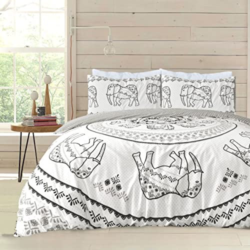 Sleepdown Tribal Elephant Mandala White Grey Black Reversible Duvet Cover Quilt Pillow Cases Bedding Set Soft Easy Care - Double (200cm x 200cm)
