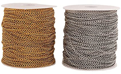 50m Lange Gelötete Panzerkette aus 304 Edelstahl 4x3x0,6mm Gedrehte Gliederketten Vergoldet und Versilbert mit Spule für Schmuckherstellung