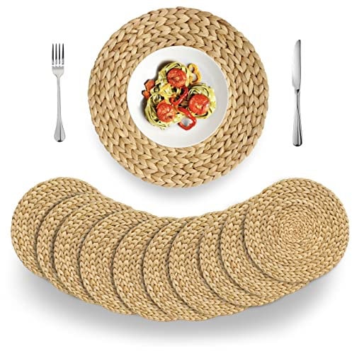 (4 Sizes: 12-13-14-15) BARIEN Woven Placemats Round Set of 10, Natural Water Hyacinth Weave Placemat for Dining Table, Large Handmade Woven Placemats Heat Resistant Non-Slip (15 - Set of 10)