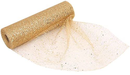 Trimming Shop Tüll mit Pailletten auf Rolle aus Tüll, 11 Zoll x 27 Meter, Tüllgewebe zum Selbermachen, als Hochzeitsdekoration, als Weihnachtsbaum, als Geschenkverpackung, Partydekoration, goldfarben