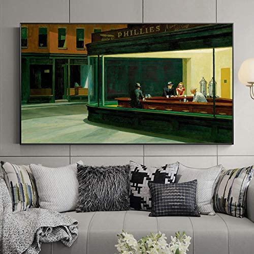Berühmtes Gemälde Edward Hopper Nighthawks Leinwand Poster und Drucke Wandkunst für Wohnzimmer Großes Kunstwerk 48x24(122x60cm) Innen gerahmt