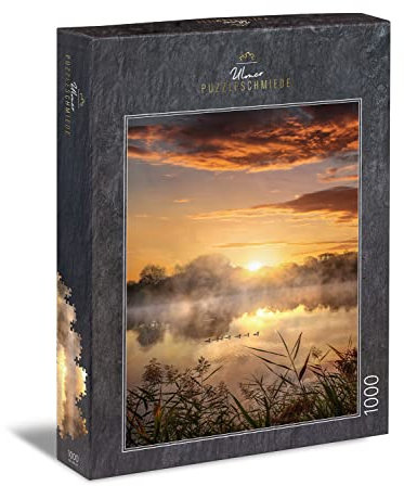 Ulmer Puzzleschmiede - Puzzle Morgenstund - Klassisches 1000-Teile Puzzle mit See-Motiv - Stimmungsvolle Seen-Landschaft am Morgen mit Enten-Familie im Wasser - Made in Germany