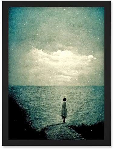 Doppelganger33 LTD Looking Out To Sea Dreamscape Lone Woman Dusk Calm Elegant Panting Artwork Framed Wall Art Print A4