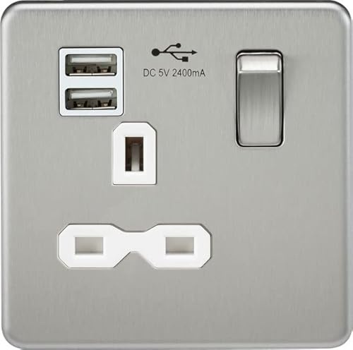 Screwless 13A 1G Switched Socket with Dual USB Charger (2.4A) - Brushed Chrome with White Insert