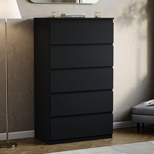 Vida Designs Denver 5 Drawer Chest of Drawers | Black | Space-Saving Storage | 117H x 70W x 40D cm | Minimal | Smooth Metal Runner | Engineered Wood | Modern Bedroom Chest of Drawers Unit