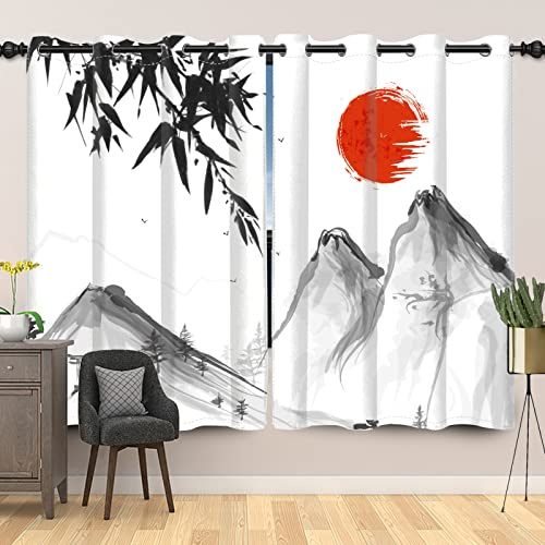 SDOTPMT 132x214cm Japanisch Tuschemalerei Klassisch Fenstervorhang Bambus Blätter Mt Fuji Rot Sonne Fenstervorhänge Orientalisch Traditionell Schiebevorhang für Wohnzimmer Schlafzimmer, 2 Stücke