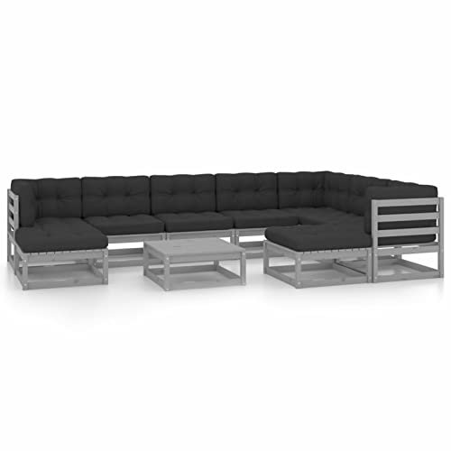 Chusui 10-TLG. Garten-Lounge-Set mit Kissen, Balkonmöbel, Balkon Möbel, Garten Möbel, Gartenlounge, Balkon Sitzgruppe, Balkon Lounge, Grau Kiefer Massivholz
