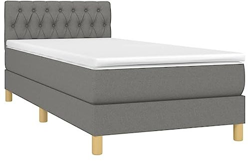 vidaXL Boxspringbett mit Matratze LED Polsterbett Bett Einzelbett Bettgestell Bettrahmen Lattenrost Hotelbett Schlafzimmerbett Dunkelgrau 90x200cm Stoff