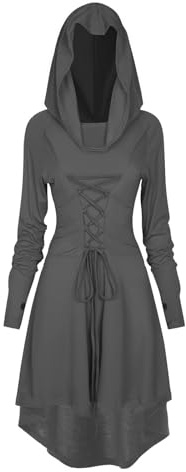 TSIRNK Gothic Kleid Damen,Mittelalter Kleidung Damen,Halloween Kostüm,Renaissance Mit Kapuze Kleid für Halloween Karneval (Grau, XL)