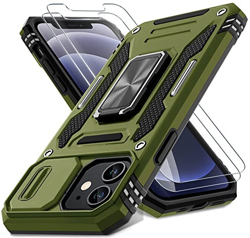 DEERLAMN for iPhone 12 Case,iPhone 12 Pro Case with Slide Camera Cover+Screen Protector(2 Packs),Rotated Ring Kickstand Military Grade Shockproof Protective Cover-Olive Green