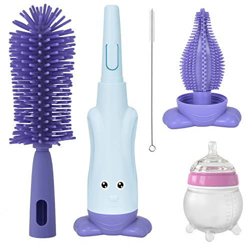 Goupillon Biberon Silicone, 3 en 1 Nettoyage Biberon Brosse 360 Degrés Rotatif, Ensemble de Brosse à Biberon, Goupillon Biberon et Tétine pour Toutes Les Tailles de Biberons (Bleu)