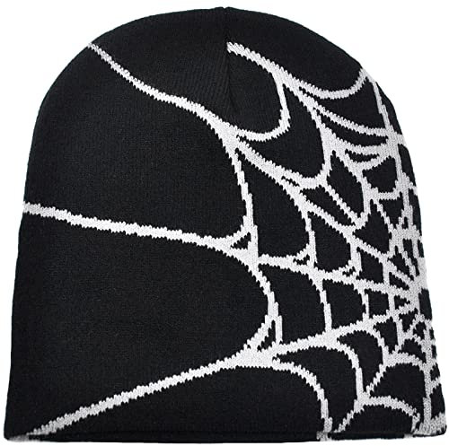 Malaxlx Gothic Spinnennetz Muster Schwarz Wintermütze Strickmütze Warme Beanie Halloween Mütze für Damen Herren