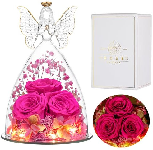 Eaprala Tre Rose Eterna in Vetro Figurine Angelo, Regalo Compleanno per Donne, Regalo Angelo per Lei in Occasione Dell'anniversario, Natale, San Valentino, Festa Della Mamma.Rosa Caldo