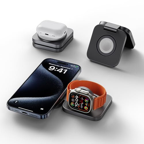 LULULOOK Aluminium 2 in 1 Faltbar Kabelloses Ladestation, Magnetisch Kabelloses Ladegerät für iPhone 16 Pro Max/16, 5W Schnelles Aufladen für Apple Watch Ultra 2/Ultra, AirPods, Mehrere Geräte (Grau)