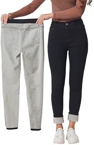Yehopere Jean d'hiver doublé en polaire pour femme, coupe ajustée, chaud, taille haute, XX-Large court
