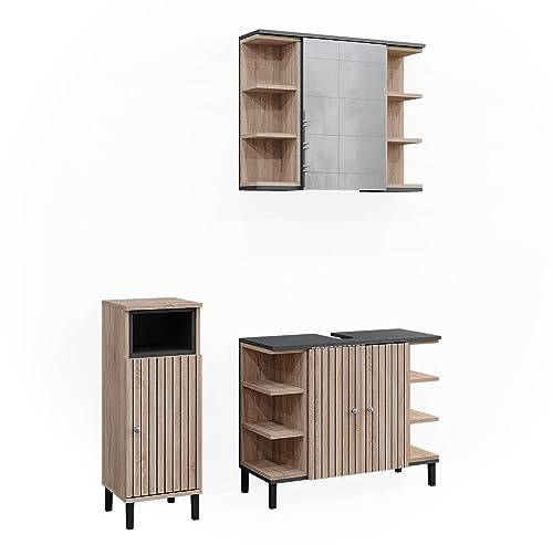 Vicco Badmöbel-Set Sonoma Aquis, bestehend aus Bad Spiegelschrank, Waschbeckenunterschrank, Midischrank - Offene und geschlossene Fächer für Flexible Aufbewahrung