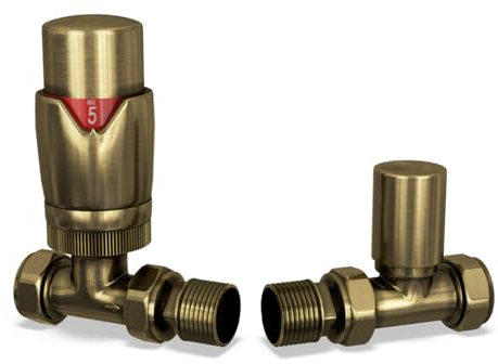 UK Radiators Thermostatic Radiator Valve (TRV) 15mm Straight Lockshield Valve in Brushed Antique Old Brass Colour - Energy Saving 1/2 x 15mm Brass Straight Radiator Valve