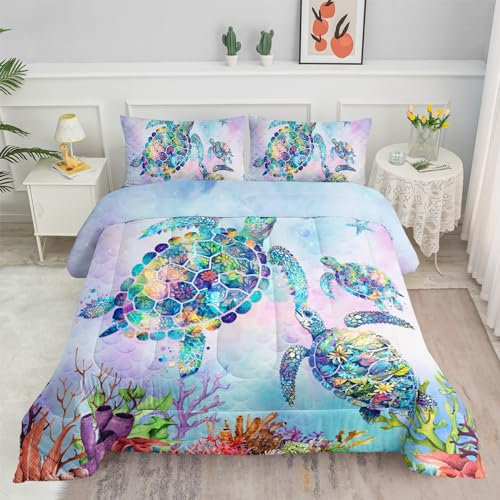 Axolotl Meeresschildkröten-Bettwäsche-Set, Queen-Size-Bett, Küstenstrand-Thema, Meerjungfrauen-Schuppen-Design, Ozean-Bettwäsche-Set, Meeresschildkröten-Bettwäsche-Set für Kinder, Teenager,