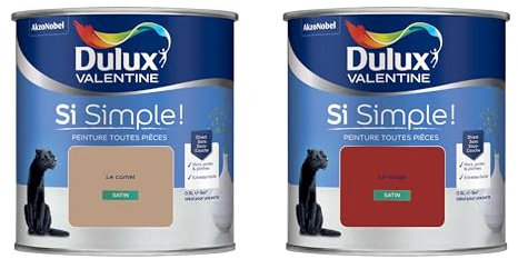 Dulux Valentine Peinture Si Simple Peinture Intérieure Toutes Pièces Satin - Peinture Murs et Plafonds, Portes et Plinthes - Lot de 2 - Couleurs : Le Camel & Le Rouge 0,5 L