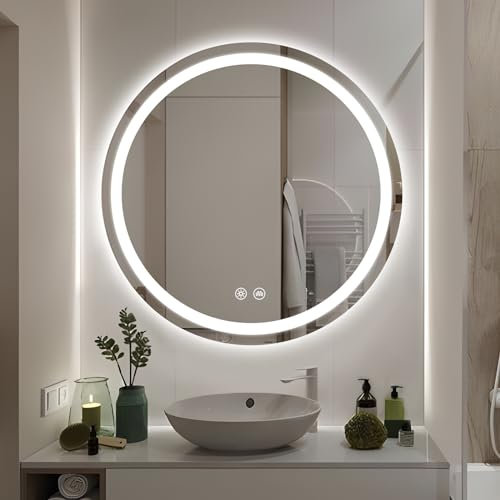GOQELK Espejo de Baño Redondo Con Luz LED de 600 mm - Iluminado, Montado en la Pared, Antivaho, Circular Grande Para Maquillaje