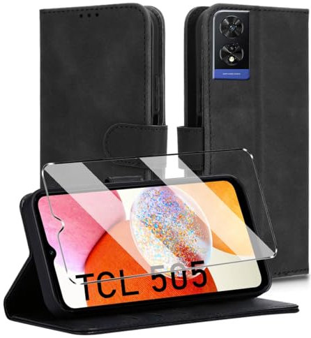 HuiYouMY Cover e Vetrino Compatible with TCL 505 Premium Pelle PU Flip Libro Custodia Cover Antiurto Piu Vetro temperato Pellicola Protettiva,[Slot per Scheda] [Funzione di Supporto] Nero