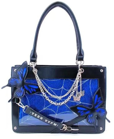 Monivi Elegante Butterfly-Lolita-Tragetasche– Gothic-Ita-Tasche im dunklen Stil, Umhängetasche/Schultertasche mit klarem Fenster für Abzeichen/Anime-Puppen-Präsentation, Cosplay (Schwarz-Blau)