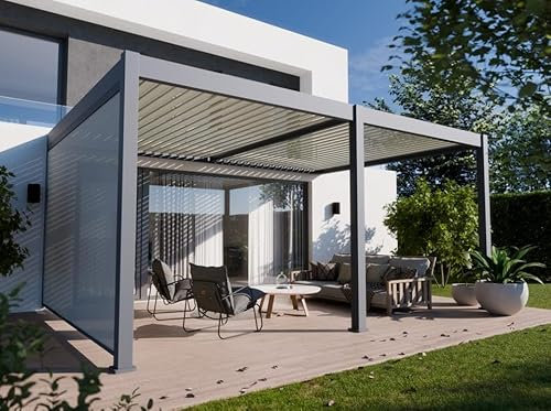 Pergola Bioclimatica Addossata in Alluminio 19m² - 3,6x5,3 - Tenda Laterale Inclusa - Antracite - 34 Lamelle in Alluminio Inclinabili a 120°