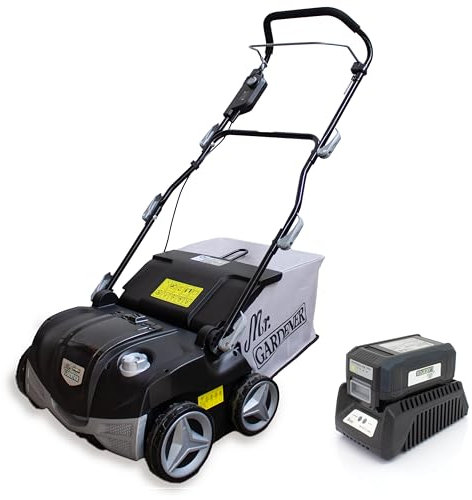 Mr. Gardener - Scarificatore a batteria da 40 V, motore brushless 4038-2 Li – con batteria agli ioni di litio da 2,5 Ah e caricatore – Larghezza di lavoro 38 cm – Rullo coltello + rullo ventola – 5