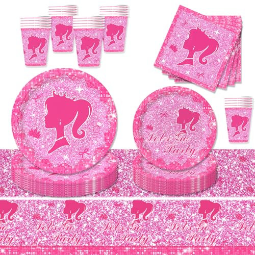 69 Pièces Vaisselles Anniversaire Kit pour Enfants,Barrbie Vaisselle Ensemble avec Assiettes Papier Tasses Serviettes Nappe pour Baby Shower Anniversaire Fête,Table Décorations 16 Invités