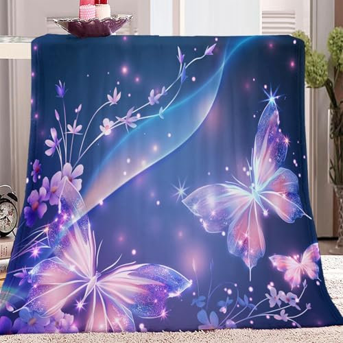 Schmetterlinge Und Blumen Mit Tiermotiv Kuscheldecke Lila Flauschig Decke Fleecedecke, Sofa Überwurfdecke, Wohndecke Warm Weich Sherpa Wolldecke, Gemütlicher Überwurf Für Bett und Couch 130x150 cm