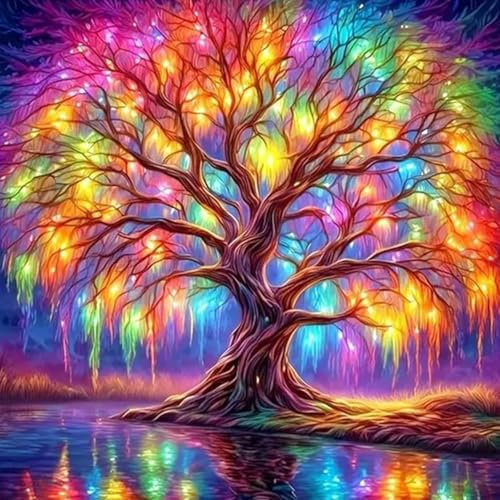DAERLE Arbre de vie coloré Peinture Diamant Adulte, 5D Diamond Painting Complet Arbre arc-en-ciel, Diamant Kit, Diamant Strass Point de Croix Cristal Painting Kit Murale Décoration 30x30cm